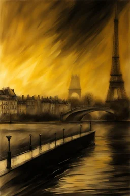 Paris landscape abstract Seine drawing type pencil and painting