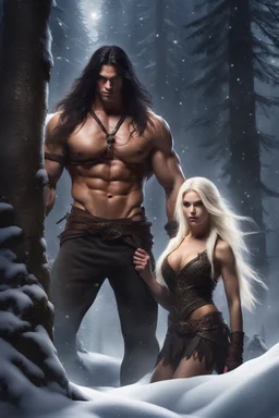 Giant muscular male mountain man with long dark hair with a petit female long blonde hair, dark fantasy, snowy forest