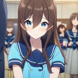 Clear focus, High resolution, Teenager, Adorable, Anime screencap, transformation, long flowy brown hair, hair between eyes, blue eyes, wearing a sailor uniform, blushing and screaming, in the classroom