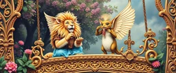 sacred geometry embroidered patterns, two totally symmetric fluffy angel lion gremlin slug nice cheerleader singing on ornate carved magical bridge in garden , full body portrait strong aura, oil painting and air brush, in swing net, strong wind, grid