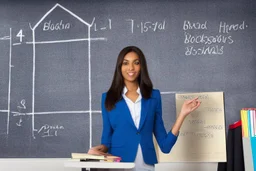 A pretty brown-haired, light-skinned woman in an elegant blue suit stands in a classroom in front of a blackboard with various charts and diagrams, in the sunlight