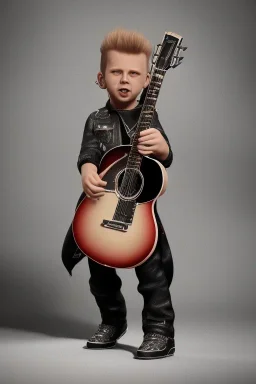 James hetfield toddler, full body, playing guitar, black leather wearing, bokeh, hyper realistic