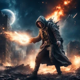 post apocalyptic space sorcerer casting spells, explosion behind, destroyed city, night starry sky, epic cinematic fight scene, 8k resolution, photorealistic, ultra detailed, macro photography