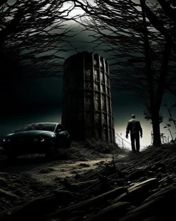 Dark Forest Drive: A couple in a car driving through a dense, dark forest with tall, shadowy trees. The headlights illuminate the eerie, twisted branches ahead, creating an ominous atmosphere.