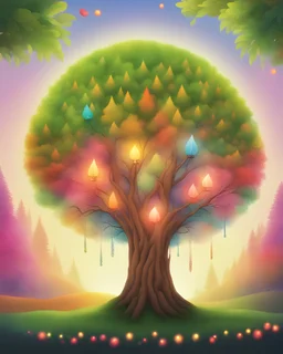 A beautiful green bushy tree, inside a diwali diya lamp, rainbow forest background