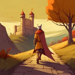 rey solo caminando en una ruta alejandose del castillo que se rompe deatrás de el, un ambiente nostalgico y colores calidos