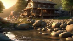 Create a picturesque scene of a house nestled among rocks on the shore of a narrow river. The house should have a rustic design, with wooden elements and a cozy appearance. The rocks should vary in size and shape, creating a natural rugged terrain around the house. The narrow river should gently flow past, reflecting the serene surroundings. The scene should be set during sunset, casting warm, golden hues across the landscape and enhancing the tranquil atmosphere.