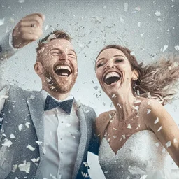 A happy man and wife with silver confetti