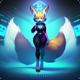 A fox fursona, Furry art, Digital art, cyberpunk, High quality, Backlighting, female, anthropomorphic, full body portrait, 8k resolution, fox tail, Realistic, high quality, great details, within portrait, masterpiece, best quality, cinematic lighting, detailed outfit, vibrant colors, perfect eyes, furry, human body, robotic arm, sfw, robotic, in the style of titanfall, highly detailed face