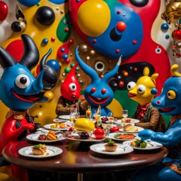 Close-up shot of ultra realistic odd monsters dining, vivid, ultra realistic, Joan Miró, hypermaximalist figures, light, Italian 1970's odd movie, plastic, hilarious, Minicavio Quollati style, photography by Marlost Endgulp, ornate, 4k, photorealism, impressionism