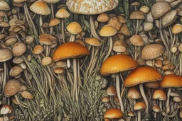 A variety of highly-detailed Hand sketched illustrations of Wild Mushrooms on paper, focus on line work and small shades of color, use shades of yellow, brown, black, red, and orange, add Chinese ink-brush details to the tops of mushrooms, Marco Mazzoni art style, fantasy like mushrooms