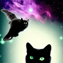 Black cat green eyes flying in space thru a nebula