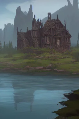 gothic building on a lake shore with fantasy trees and rocks