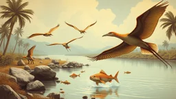 modernist style, A dynamic scene of early pterosaurs hunting over a prehistoric river, with fish jumping out of the water and various fauna along the riverbank., art nouveau, soft colors, vintage sepia, film effect, cold light tones, blue tones, flash light