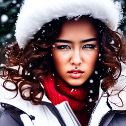 Crying girl, sad, expressive, emotive, frowning, furrowed eyebrows, pouting lips, African American, curly hair, looking out window, blizzard, snow, red sweater, delta sigma theta, drinking coffee, amber eyes