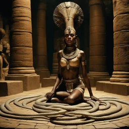 [high res photo 8K by Ray Harryhausen for Pan's Labyrinth (2006)] In the heart of a pyramid, afro Nefertiti is clad in a revealing bandages, her flesh is warm and radiates magic energy, with her feet on the cold tiles of the temple, the braids of her hair end in snakes