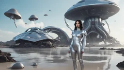 woman with dark hair in a silver robotic catsuit, standing on a futuristic alien beach with a crashed spaceship in the water, with mushrooms with octopus tentacles flying in the air