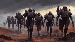 {{{Bio-engineered undead cyborg army marching}}} machine soldiers, hazmats, tactical wear, gas creepy landscape, techno gothic visual composition, science fiction painting, Denis Sarazhin, Alex Colville, Simon Stålenhag, Neil Blomkamp, Frank bowling, Christopher Shy, Alejandro Burdisio, RAW, gritty, high contrast, atmospheric horror art, gripping and suspenseful, vivid, neon overlay, narrative art, textured, dramatic, surreal horror, gestural, retro futuristic nightmarish art, apocalyptic art