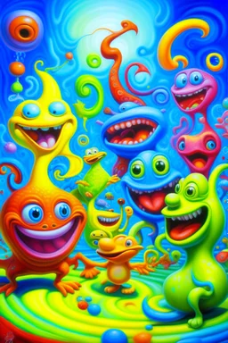 Lowbrow Pop Surrealism , A Whimsical high energy happy 1950’s Transparent Gelatin Animal Mascot Character parade, Oil Painting by Kenny Scharff