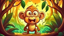 fantasy cartoon style illustration: small brown monkey is very afraid