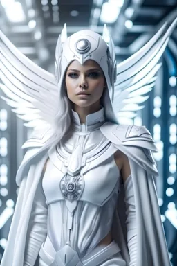 femme magnifique Chef archange galactique commandante d'une flotte de vaisseaux, gardienne de la galaxie, combinaison uniforme blanche et argent très lumineuse au poste de commandement vaisseau mère