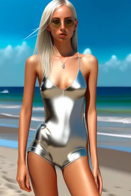 woman, skinny, flat chest, hicut silver onepiece swimsuit, photorealistic, similar hanalei reponty, blond