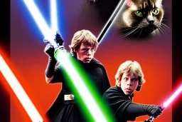 Luke Skywalker is a cat and Darth Vader is a cat. fighting with light swords