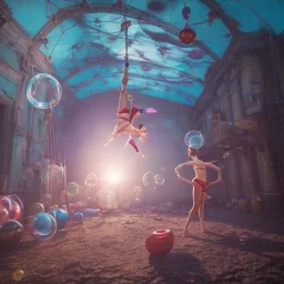 Ultra realistic circus scene. Classic acrobat woman, waist up view, Wes Anderson style, happy, bubbles, highly detailed, concept art, unreal engine 5, god rays, ray tracing, RTX, lumen lighting, ultra detail, volumetric lighting, 3d, finely drawn, high definition, high resolution.