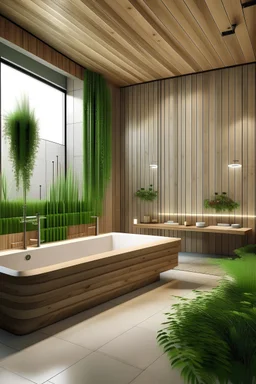 create a bathroom with a bathtub and a shower. walls made of concrete and lamellas. white floor. warm the lighting. large mirror above the washbasin. green carpet. flowers in a wooden pot.