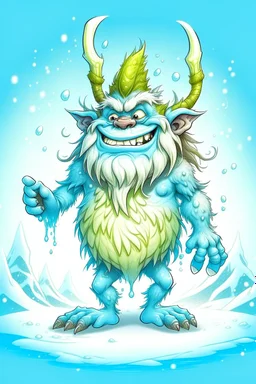 fantasy cartoon style illustration: mischievous Snow Troll. The troll is big, burly creatures with icicles hanging from their long, pointy noses. The Snow Trolls loved to toss snowballs for fun,