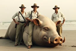 1930's washed out faded color photography of European explorers dressed in khaki pants and clean pressed white button-down shirts and safari hats posing on a beach, limp knocked out colossal fantastical pig=like sea creature washed up on beach in front of them, absurd, realism,