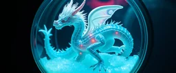 The image depicts a fantastical duck snow soup, specifically a transparent dragon lich with neon flash aura, with a unique and whimsical appearance. The dragon is positioned in a circular frame, which suggests it might be inside a container or a vessel. The dragon's body is elongated and has a segmented appearance, with a detailed texture that gives it a realistic look. Its head is covered with white, spiky hair, adding to its fantastical charm. Cyber punk nerd.