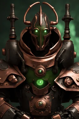 Warforged robotic warlock with round eyes, made of copper with black details armor, medieval style, green eyes, dungeons and dragons