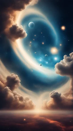 Back in time through a Time Machine in the parallel universe among the galaxies and the stars a big clouds of gas covering the sky from a distance