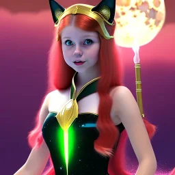 Attractive teenage girl with golden red hair, who is dressed like a witch casting a spell with a quarterstaff on the moon, she has cat ears, green eyes looking at the moon, has a normal nose, background is realistic space, the girl is on a planet, black goth girl dress, full body portrait, arm colors gradient effect into stars, rendered, unity 3d, unreal engine, dslr, hdr, 4k, edited, photorealistic, normal number of appendages, freckles, artists rendered