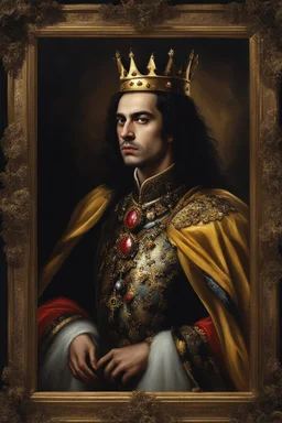 Gothic Gold framed painted portrait of a King wearing a gold crown. His hair is long and dark and he has dark eyes, dak fantasy