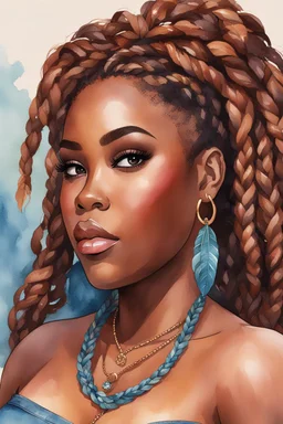 create a watercolor illustration of a plus size dark skinned black female wearing Tight blue jeans and a hazel brown off the shoulder blouse. Prominent make up with long lashes and hazel eyes. She is wearing brown feather earrings. Highly detailed box braids