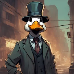 A disco elysium styled concept art of a duck in a suit, wearing a detective hat