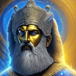 symetrical, centered, ultra detailed, digital art, in center is a portrait of highly detailed greek colossus god zeus surrounded by quantum galaxy codes seeking knowledge, detailed face, eyes filled with galaxy, dominating colors = gray light blue and gold, lightning, smoke,