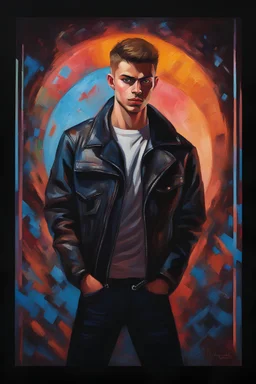 18-year-old Elvin P. Resley with crew-cut dark brown hair tapered on the sides, bangs over the forehead, goatee, bushy eyebrows, blue eyes, wearing a leather jacket - resembles Elvis Presley, pitch black background with an overhead spotlight effect, extremely colorful, oil painting by Gerald Brom