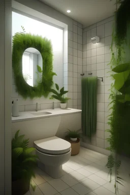 Generate a small but spacious bathroom, with a toilet. With a mirror. With vegetation.