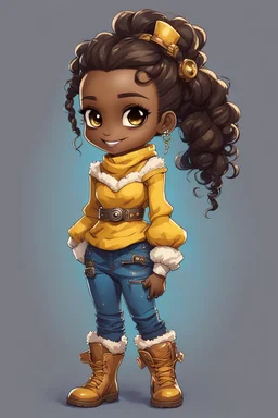 Create a detailed and vibrant steam punk illustration of a chibi-style character with dark skin and wavy hair tied back in a high ponytail with hair left out in the back. She is wearing a yellow off-shoulder sweater, blue torn jeans, and tan-colored boots with fluffy white trim. SHe has a confident and cheerful expression, with large expressive eyes and a bright smile. Add gold hoop earrings and a heart-shaped necklace.