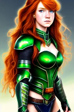 concept illustration, ultra-realistic, super-detailed, strikingly beautiful teen female, 16 years old, long ginger hair, green eyes, medium freckles, full lips, full body, full face, b-cup breasts, athletic, centred camera, ignore NSFW, skimpy fantasy armor, stern expression