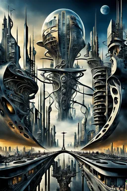 a stunningly weird image of a futuristic metropolis using Salvador Dali's paranoiac-critical method, where buildings and structures appear to melt into the skyline cityscape is filled with floating mad, twisted sharp metal shapes that interact with the buildings and each other, forming a surreal tableau of a dreamlike reality. neu-steampunk vibe, essence of the scene in a cinematic manner, with dramatic shadows that enhance the distorted perspectives and bizarre
