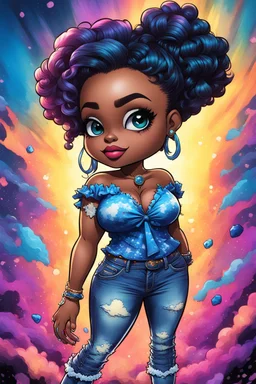 vibrant psychedelic comic book image, airbrush, 48k, cartoon art of a chibi curvy black female wearing torn jeans pants and a sapphire tie dye off the shoulder blouse. Prominent make up with lush lashes. Highly detailed sleek wavy ponytail