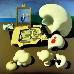 Putin, President Xi Of China And Joe Biden Play Chess With A Pigeon,Ufo And Atomic Bomb Mushroom Cloud,Complex Surgical Instruments Intermixed With A Newborn Boy,Minimalism,Painting By Adrian Ghenie,Rene Magritte,Pablo Picasso,Michelangelo,Salvador Dali,Lucian Freud