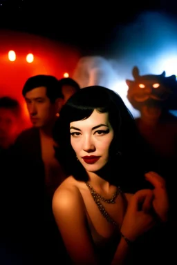 Betty Page and demonds, art from japanese style 1980 movie. Heavy metal arcade. perfect lighting, leica summicron 35mm f2.0, kodak portra 400, film grain. hangover post party, wasted, closeup. fog. mist. smoke.