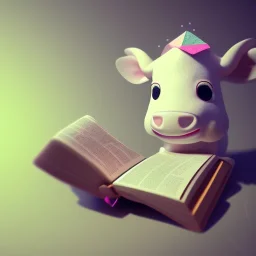 Tiny cute cow toy, reading a book, 3d blender render