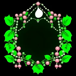 Create an Artwork of a Mirror with ivy branches and pearls necklace, Like a creative Logo for a Varasity Jacket to put a random number uin it, Vector illustration. Colors should be pink and green