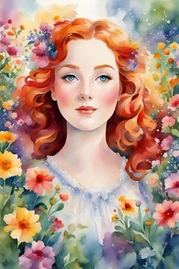 Bring to life a whimsical watercolor depiction of Anne Shirley, her vibrant red hair cascading around her, her sparkling gray eyes reflecting a world of wonder and imagination, as she stands amidst a vibrant garden filled with a kaleidoscope of colorful flowers, evoking a sense of joy and youthful spirit.